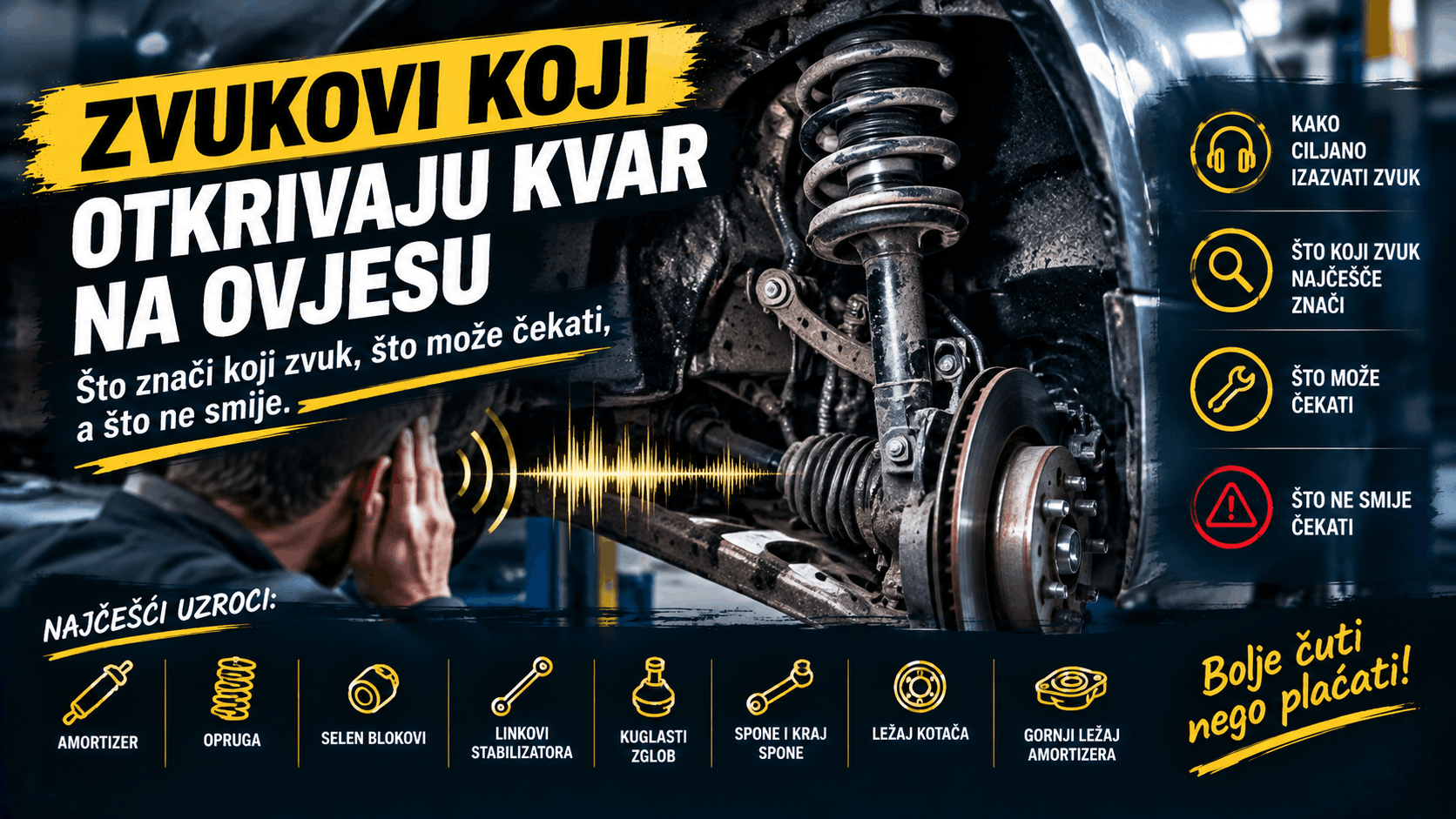 Zvukovi koji mogu ukazivati na kvar ovjesa, poput lupkanja, škripanja, zavijanja i struganja