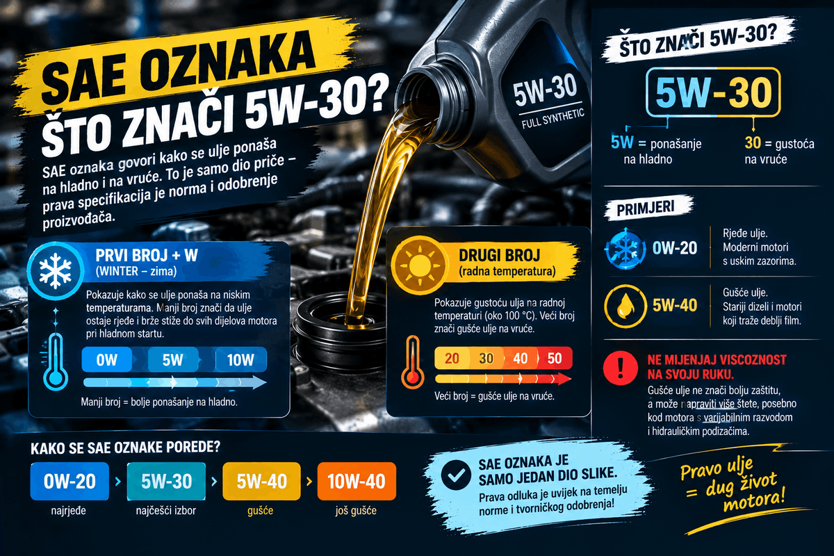 SAE oznaka motornog ulja 5W-30 koja pokazuje viskoznost ulja na hladno i pri radnoj temperaturi