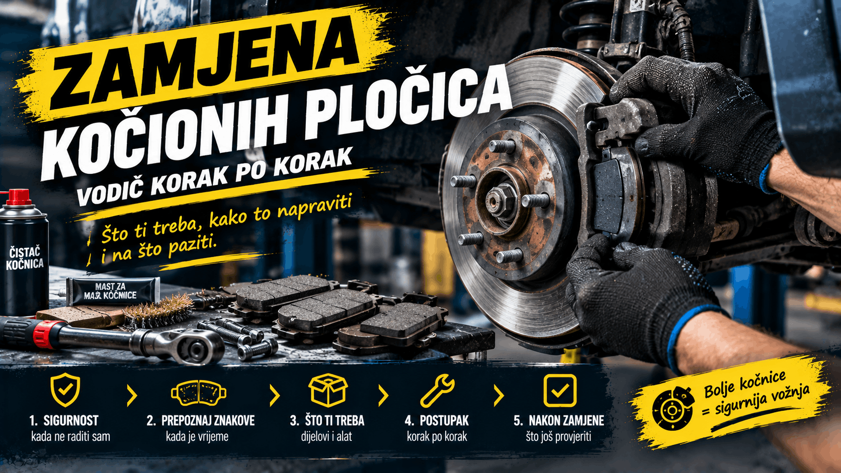 Zamjena kočionih pločica na automobilu uz skidanje čeljusti, ugradnju novih pločica i provjeru kočnica
