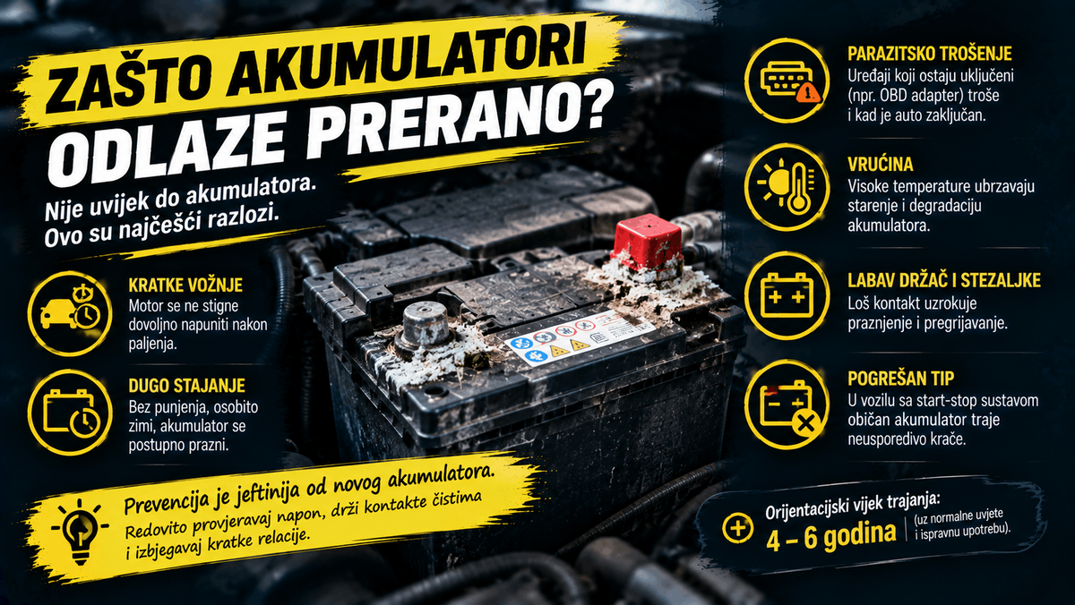 Zašto akumulatori odlaze prerano – kratke vožnje, dugo stajanje, parazitska potrošnja, vrućina i loši kontakti