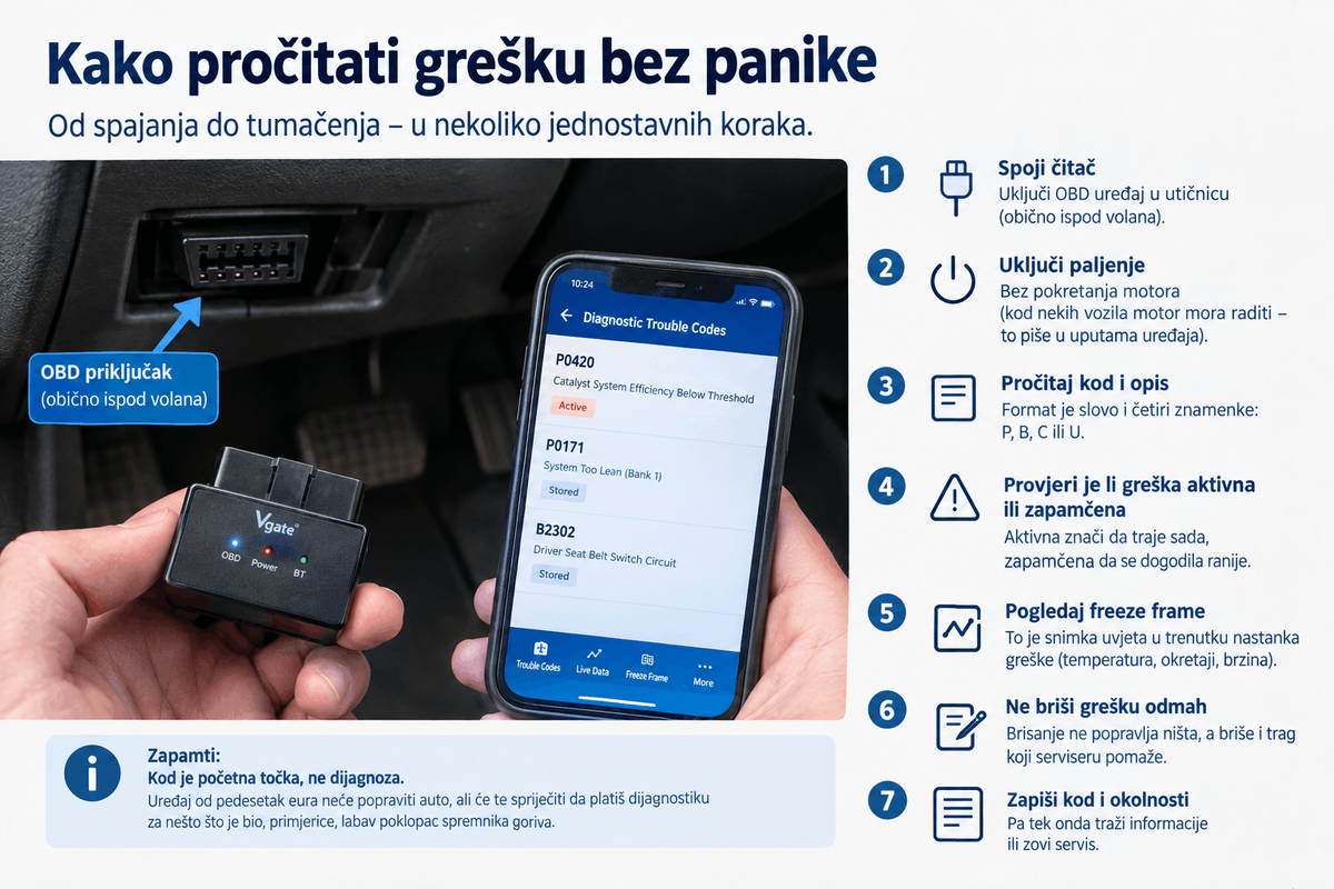 OBD čitač spojen na automobil i mobitel s prikazom dijagnostičkih kodova, uz sedam koraka za čitanje i provjeru greške motora.