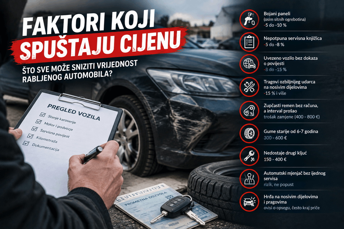 Faktori koji spuštaju cijenu rabljenog automobila poput oštećenja, loše servisne povijesti, starih guma i hrđe