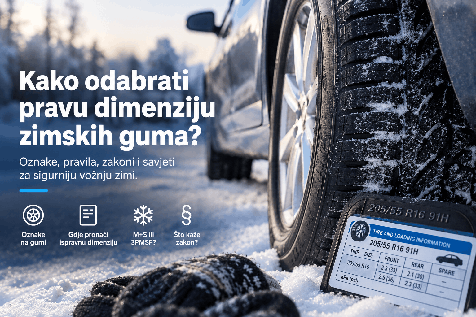 Zimska guma na snijegu s vidljivom oznakom 205/55 R16 91H i informacijama o odabiru dimenzije, oznakama M+S i 3PMSF te zakonskim pravilima.