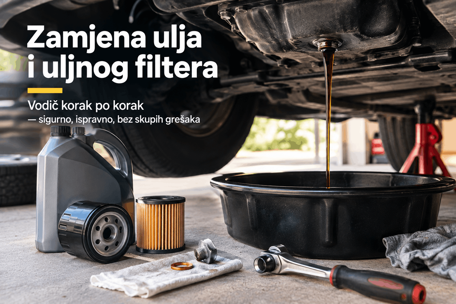 Zamjena motornog ulja i uljnog filtera na automobilu uz posudu za staro ulje, novi filter i alat