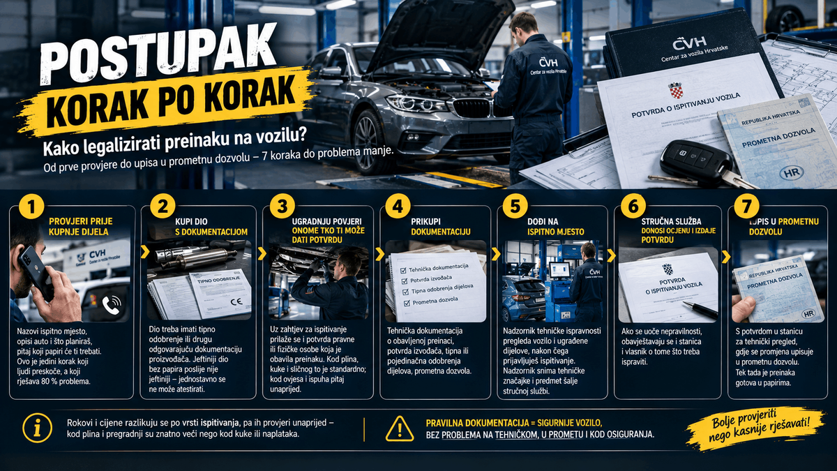 Postupak legalizacije preinake na vozilu kroz dokumentaciju, ispitivanje i upis u prometnu dozvolu