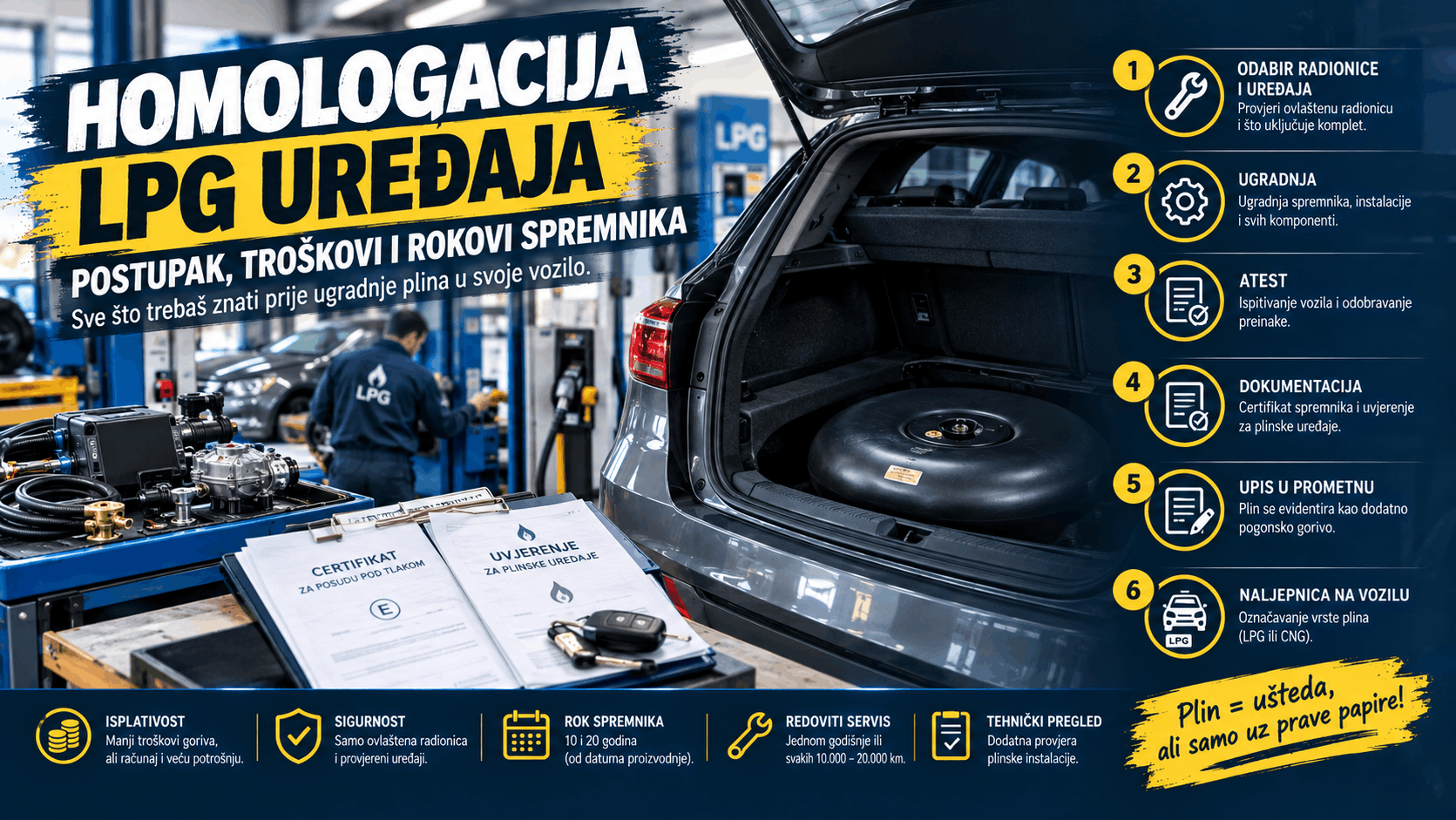 Homologacija LPG uređaja u automobilu – ugradnja plinskog spremnika, atest, dokumentacija i upis u prometnu dozvolu
