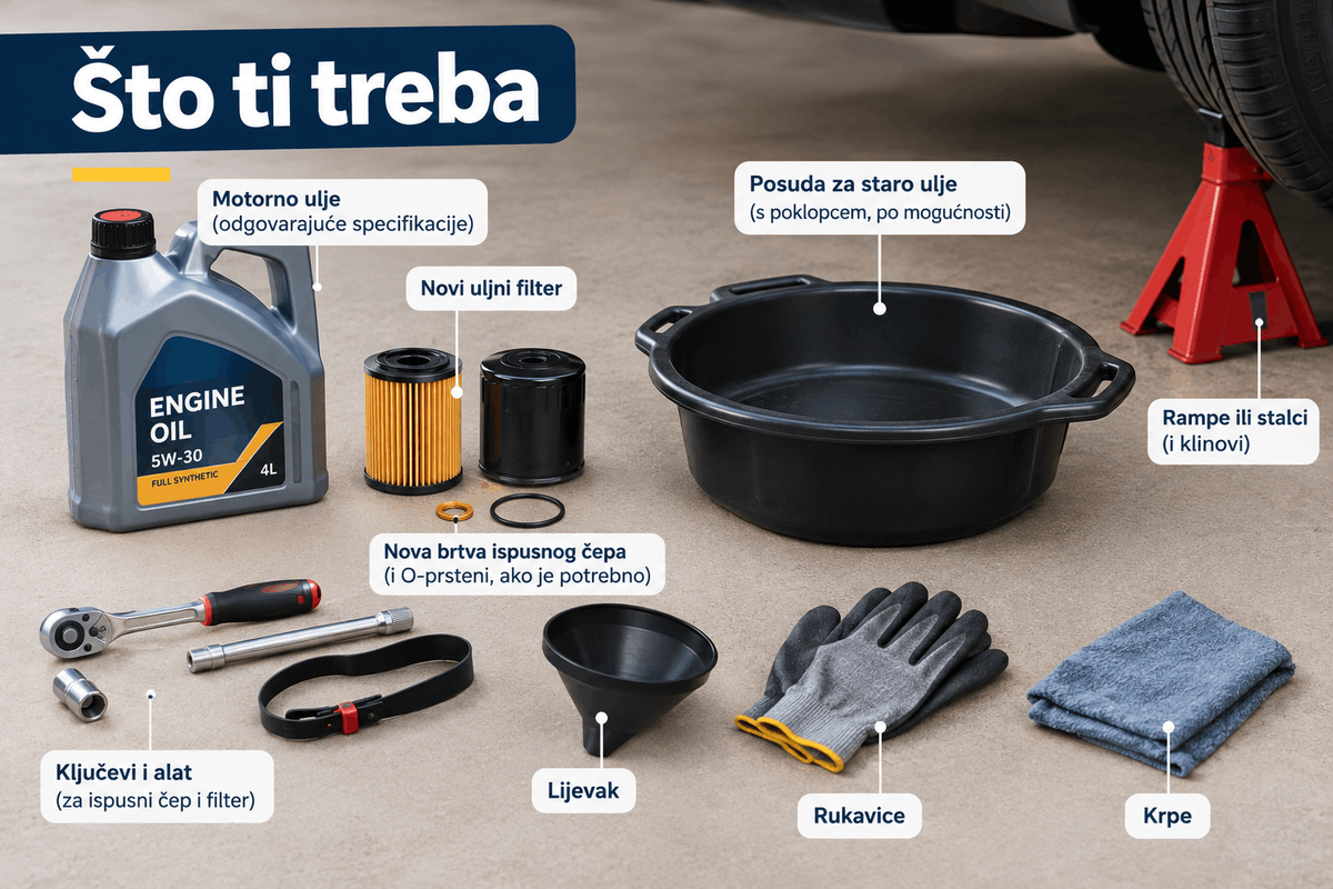 Osnovni alat i materijal za zamjenu motornog ulja i uljnog filtera