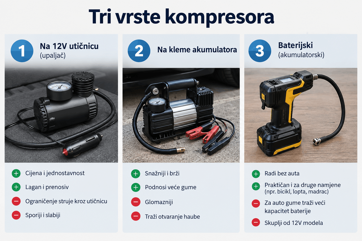 Tri vrste kompresora za auto: 12V kompresor, kompresor na kleme akumulatora i baterijski kompresor