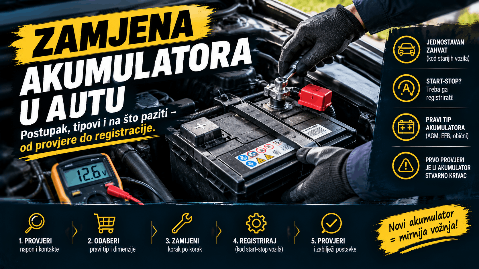 Zamjena akumulatora u automobilu uz provjeru napona, odabir odgovarajućeg tipa i pravilnu ugradnju