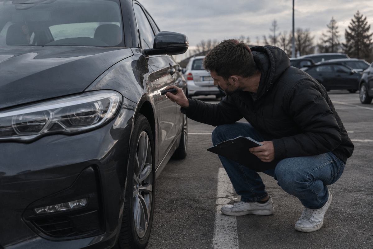 Čovjek pregledava rabljeni automobil na parkingu prije kupnje