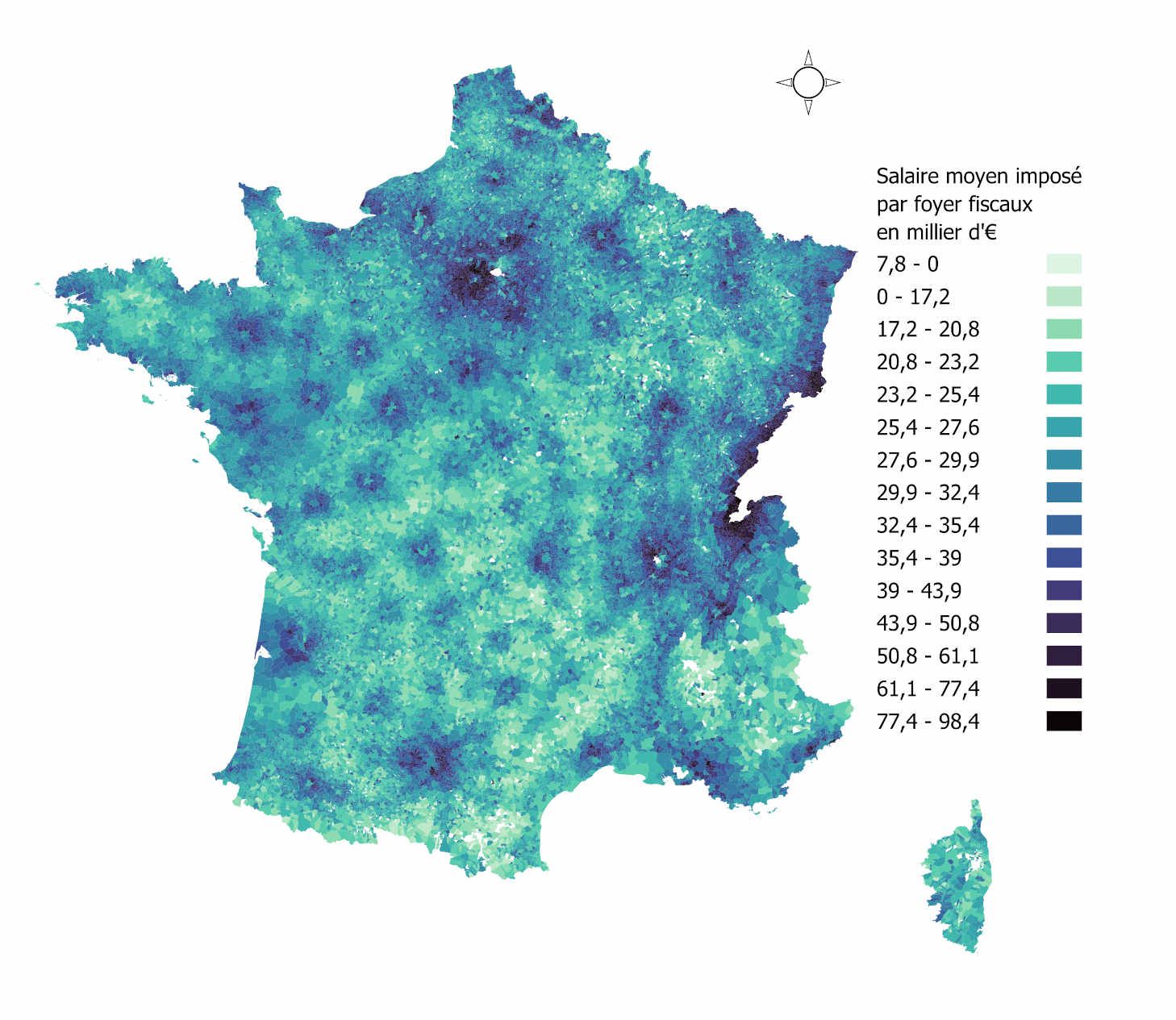 Carte de France des revenus salariaux moyens par commune