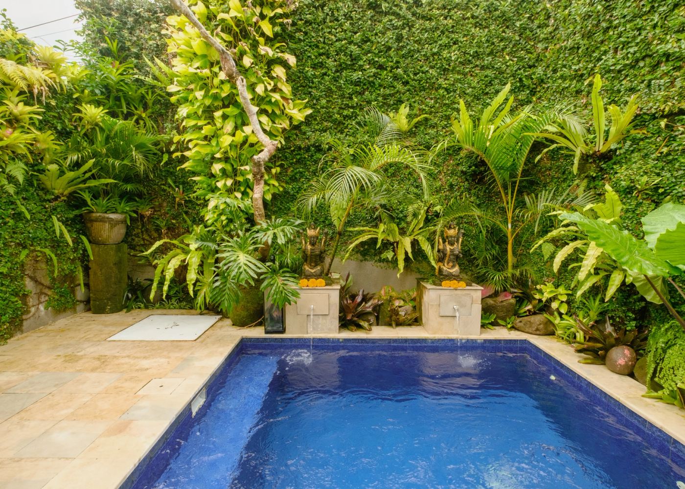 Private pool with tropical garden and Balinese statues