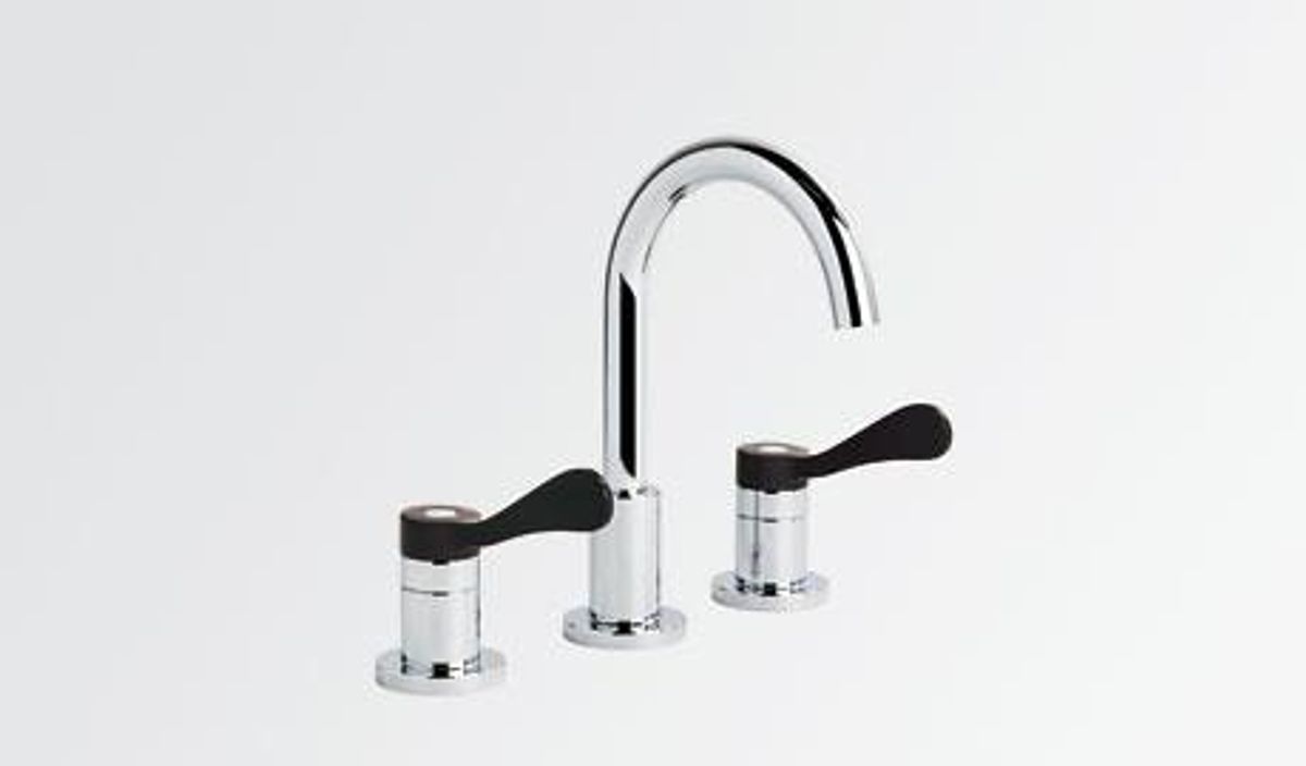 Chrome basin mixer with two lever handles and a tall curved spout