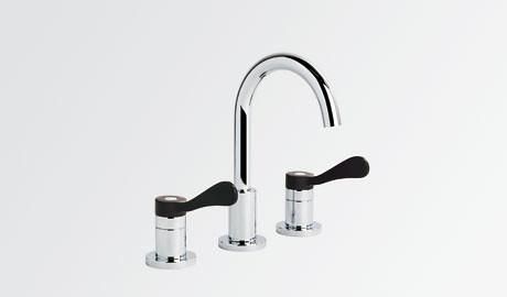 Chrome basin mixer with two lever handles and a tall curved spout