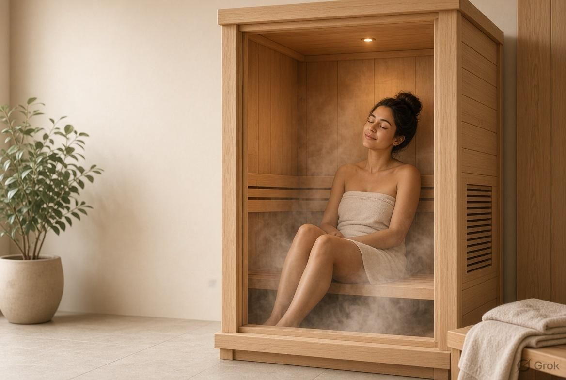Woman relaxing in a wooden cabin wrapped in a towel with steam around her