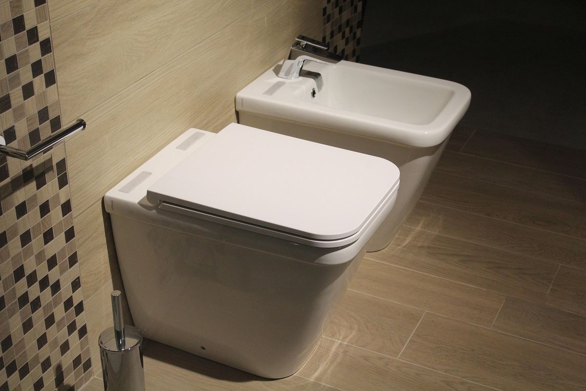 White toilet and matching bidet side by side on a wood-effect tiled floor