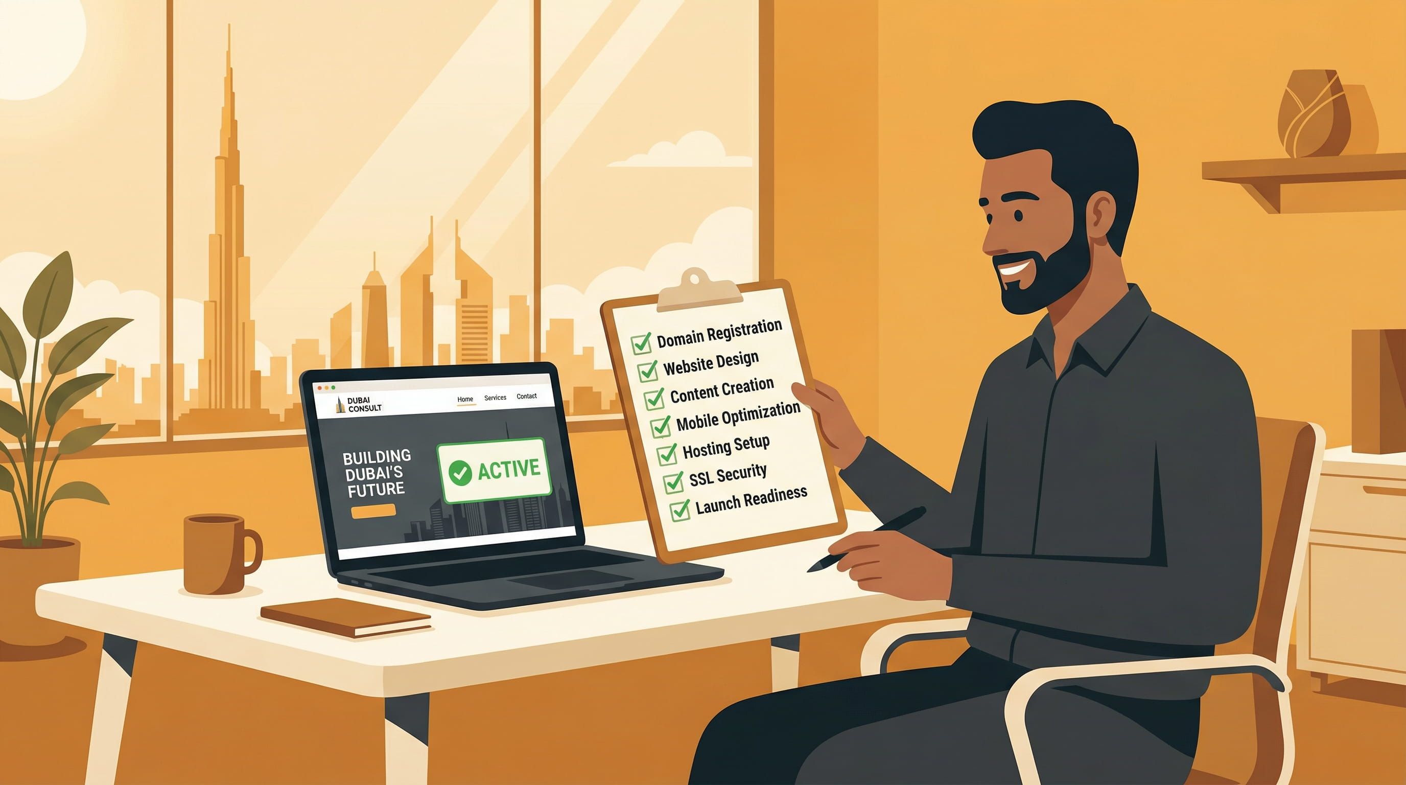 Dubai business owner reviewing completed website