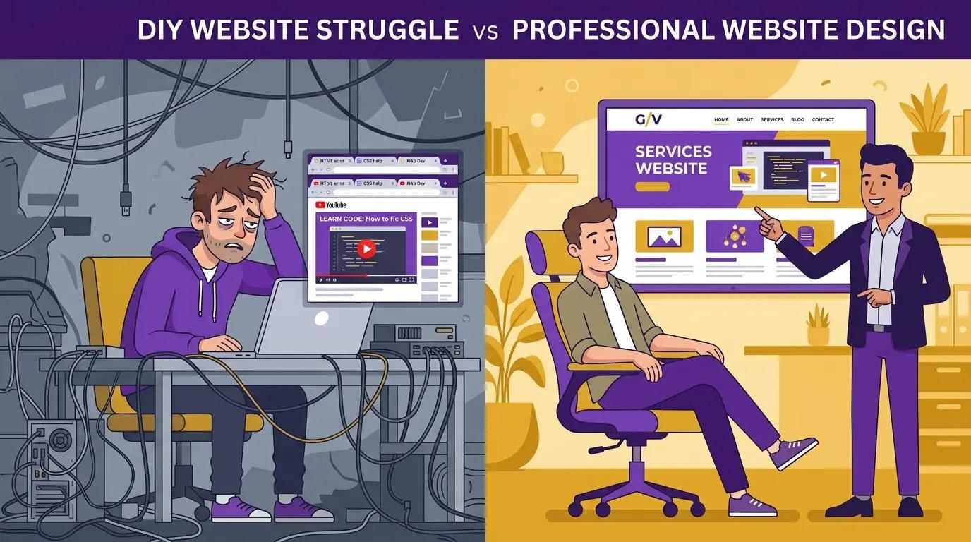 Comparison of frustrated DIY website builder vs relaxed business owner hiring a pro