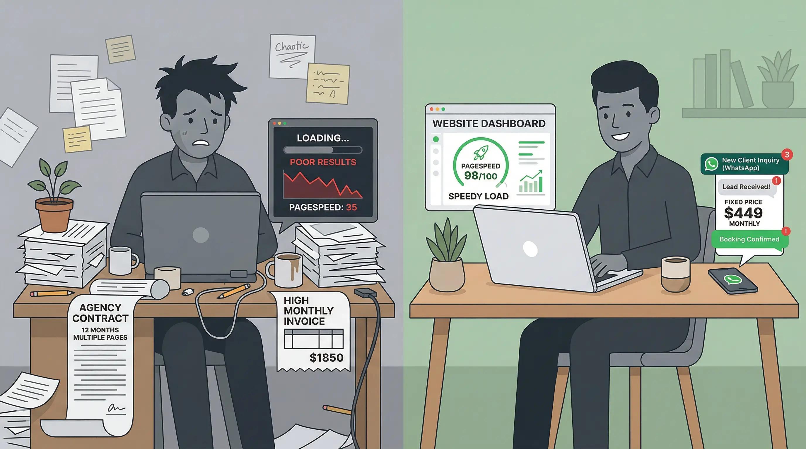 Dubai business owner before and after replacing expensive SEO agency with $449 fixed-price web design package showing more leads at lower cost