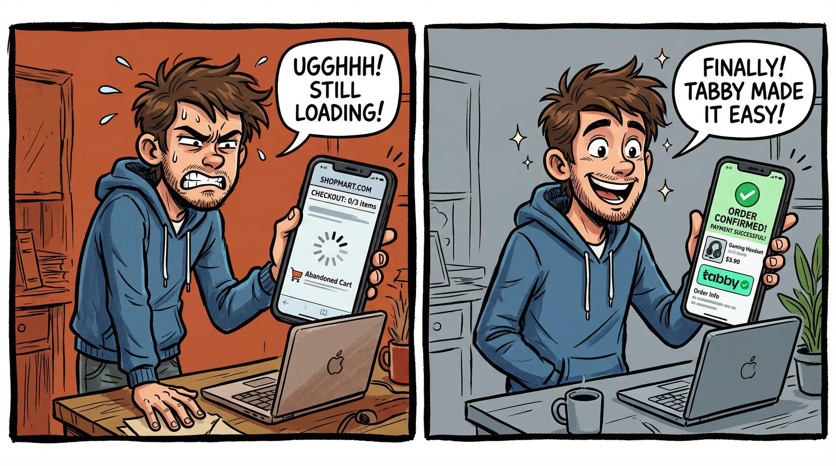 Comic strip showing Dubai ecommerce customer abandoning a slow loading store versus completing a purchase on a fast UAE-optimised ecommerce site