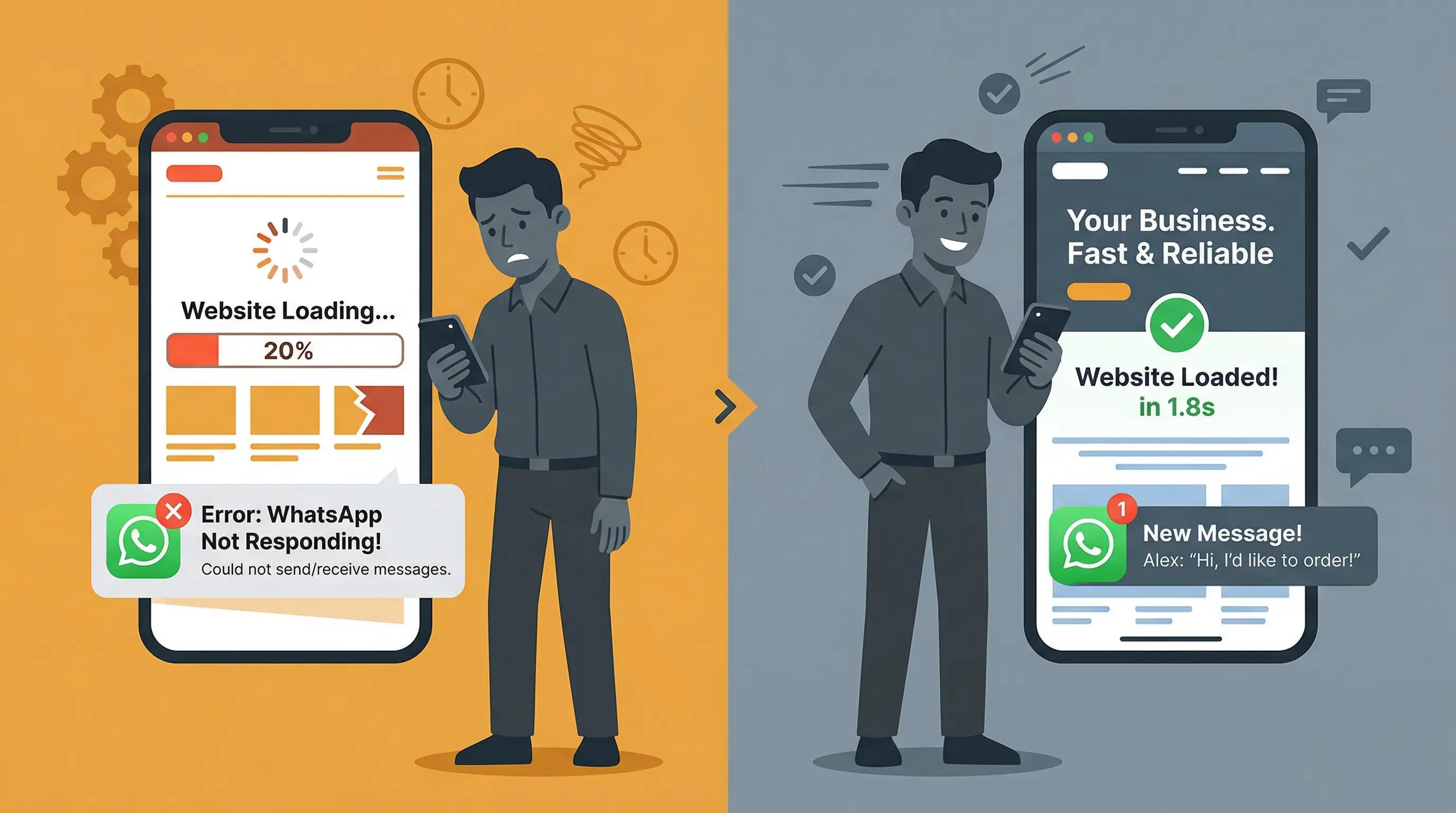 Dubai business owner experiencing broken WordPress website versus fast built WordPress site