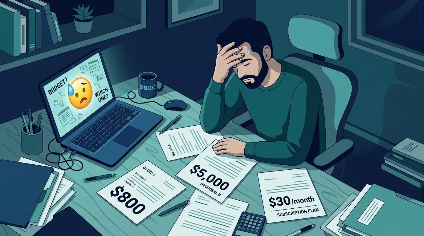 Confused business owner looking at different website price quotes