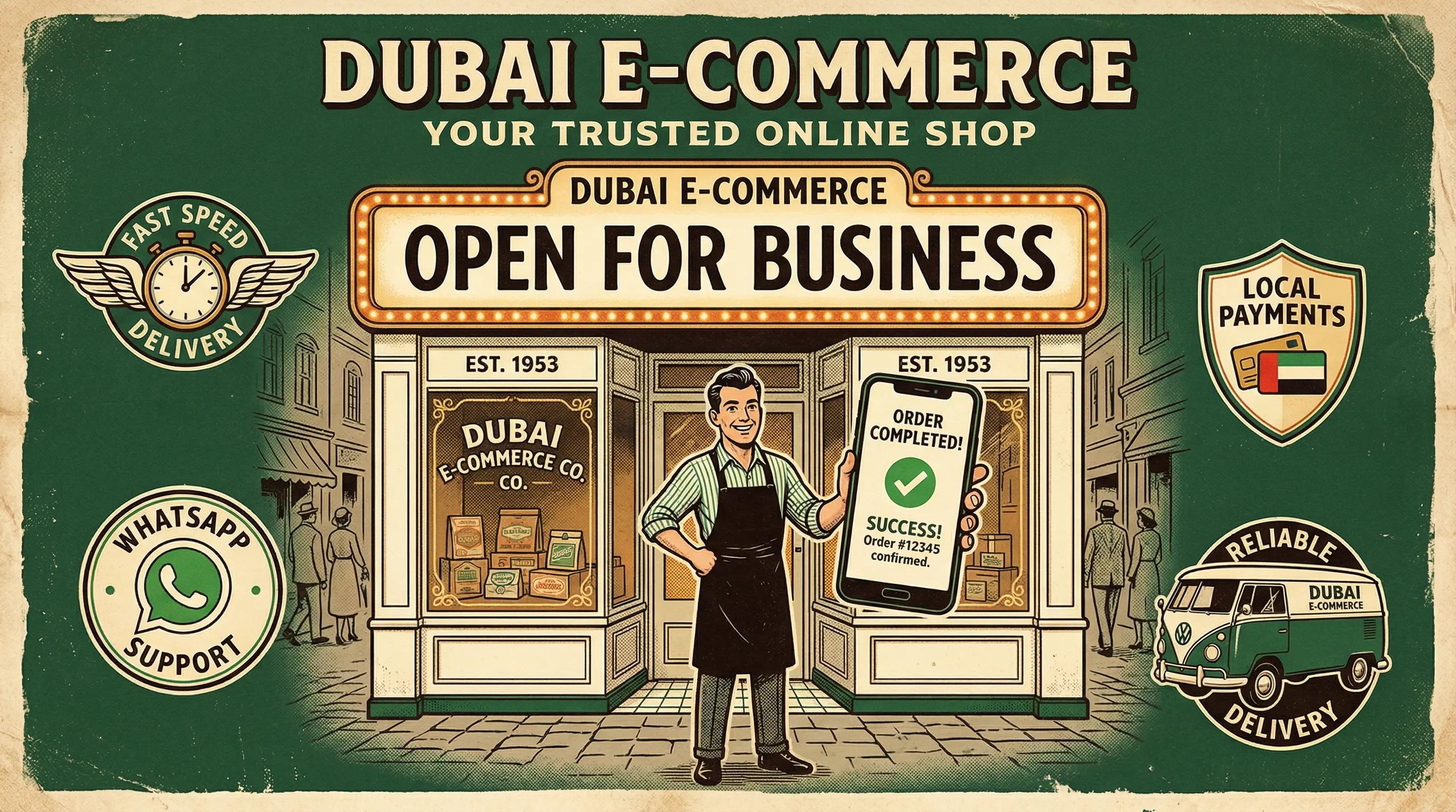 Retro vintage poster of a Dubai ecommerce business owner