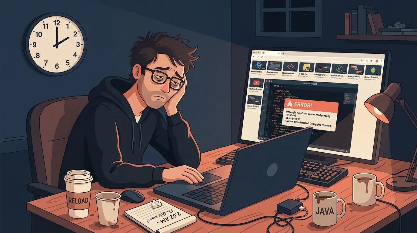 Exhausted business owner struggling to build website alone at night