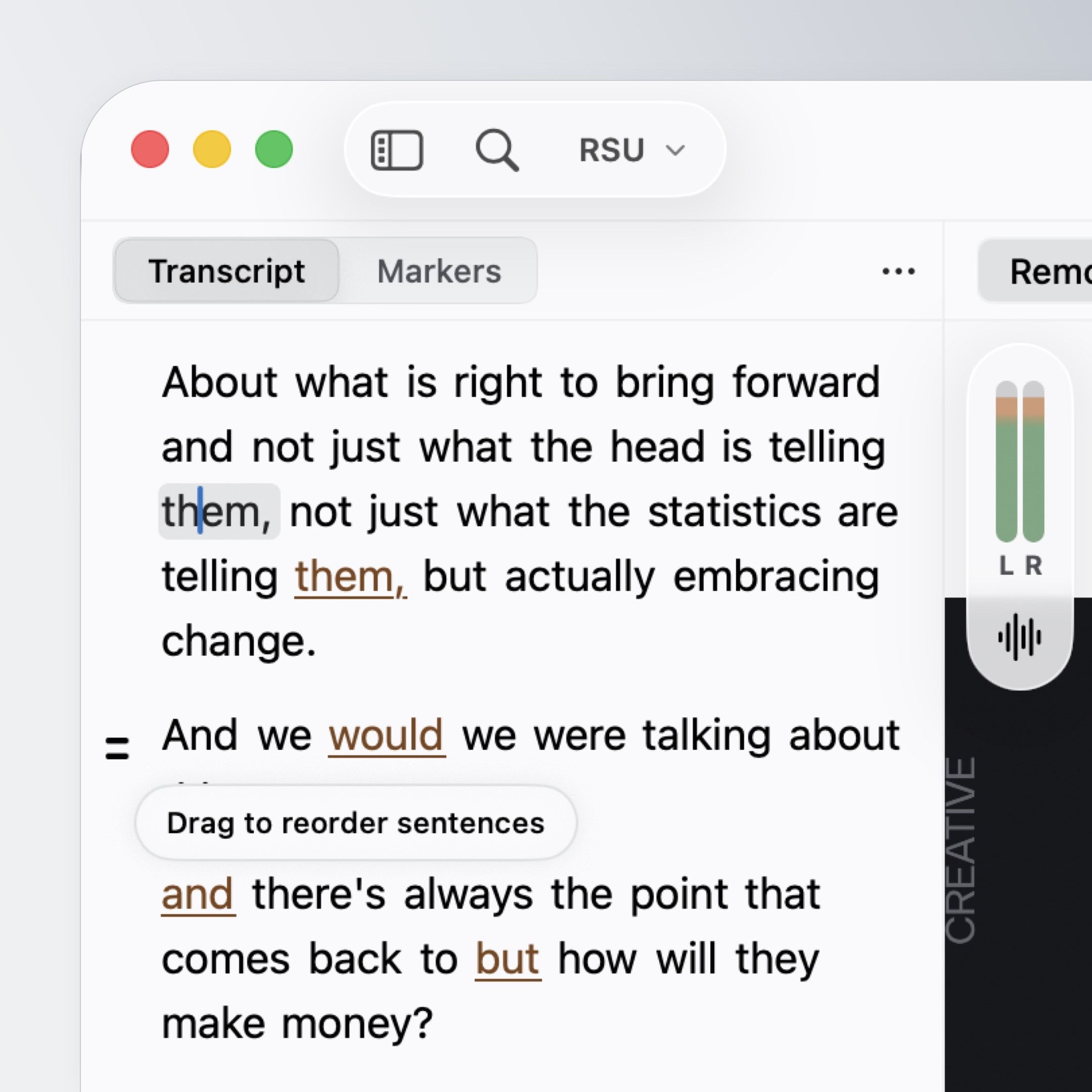 Sequence Tool transcript text based in-line editing