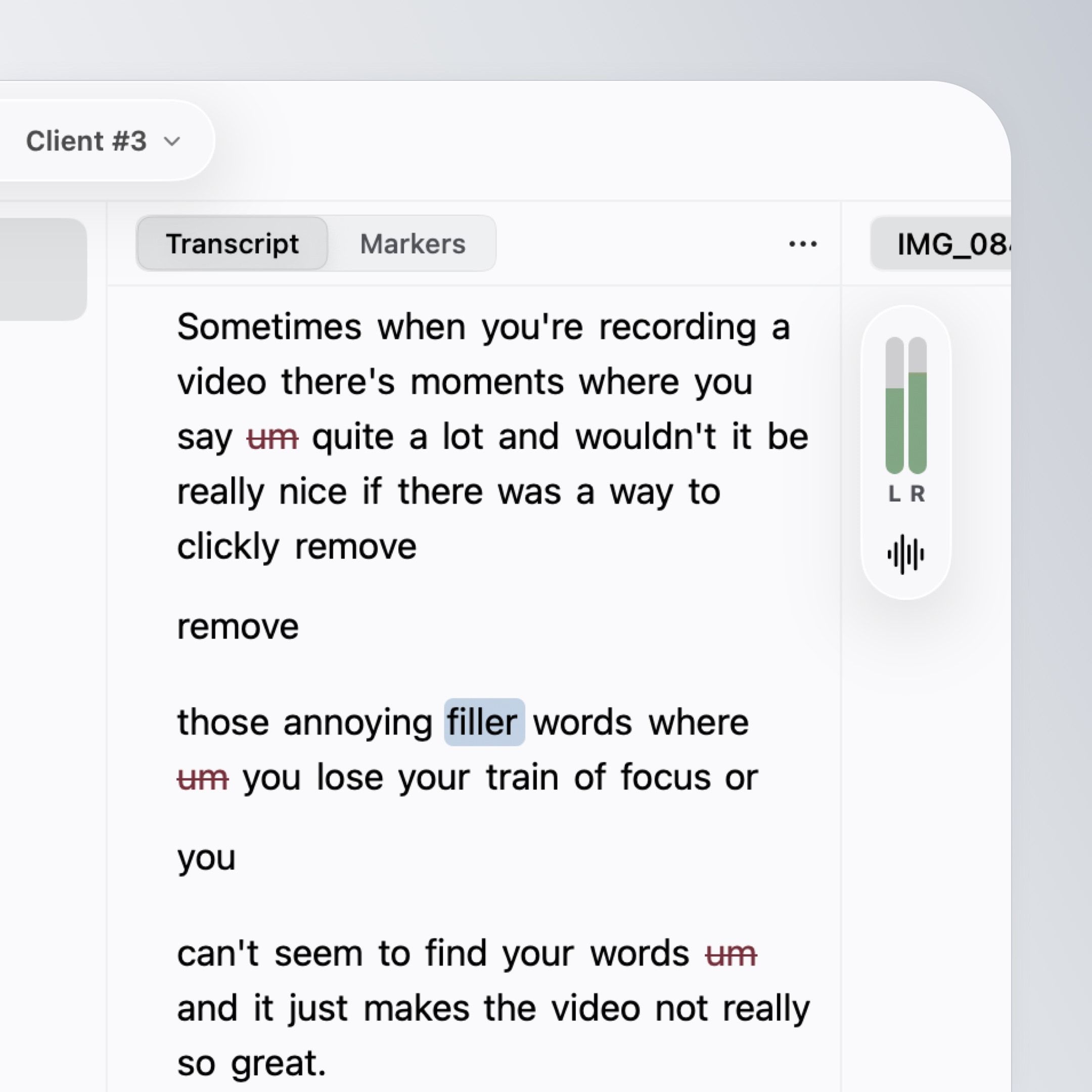 Sequence Tool filler word removal in the transcript editor
