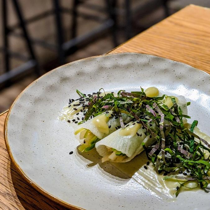 Yassam - Pickled white radish wraps, cucumber, nashi pear & perilla leaves⠀⠀