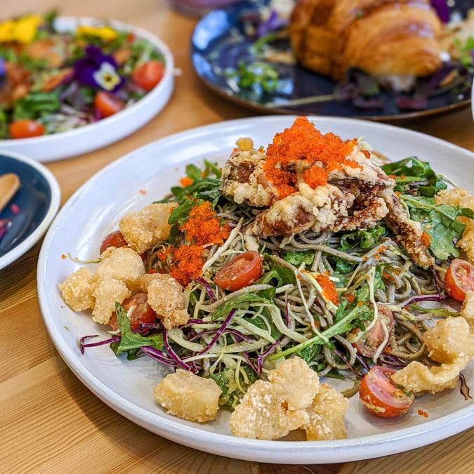 Seafood soba noodle salad with soft shell crab