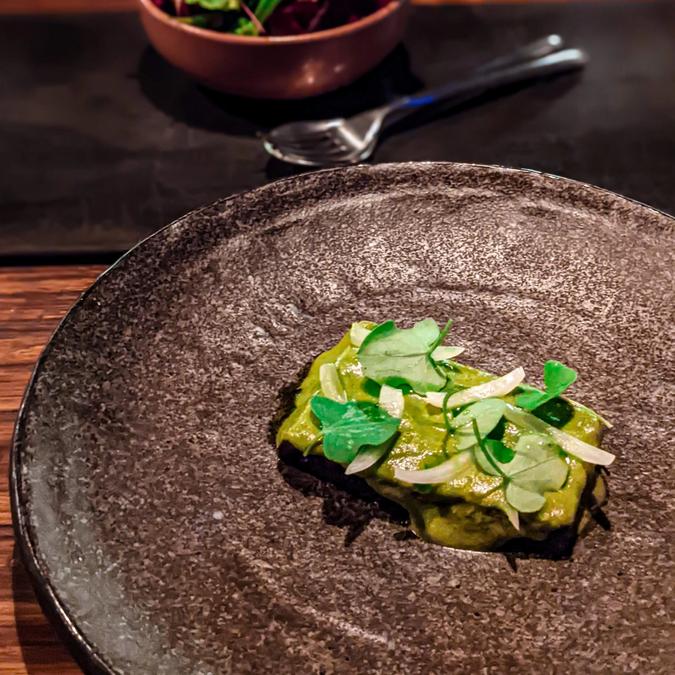 blackmore wagyu tri tip coated in a wasabi & lime sauce, sprinkled with spring onion