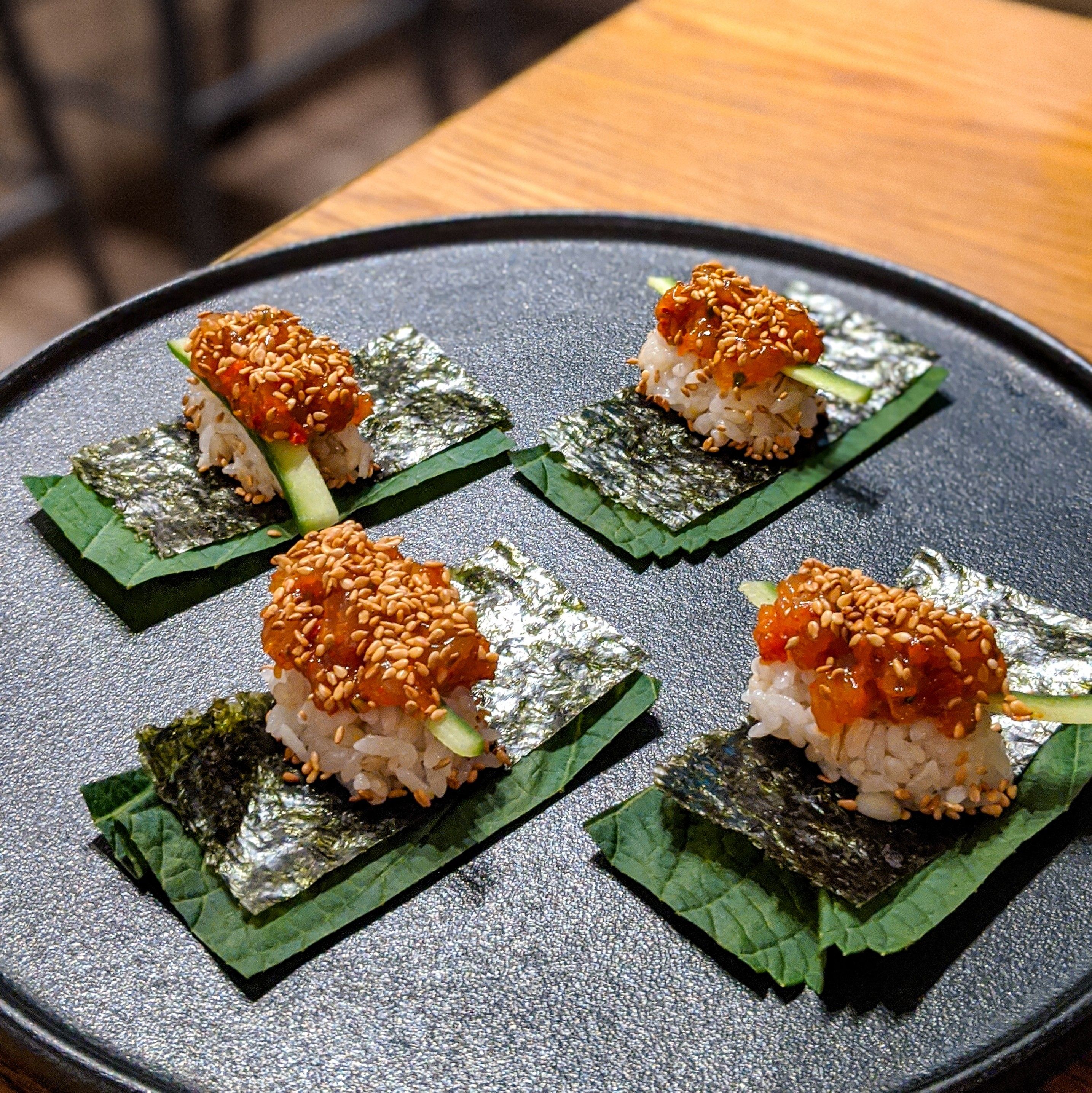 Saewoo Jang - chilli preserved king prawns, cucumber, seaweed, perilla, pearl-barley rice, sesame seeds