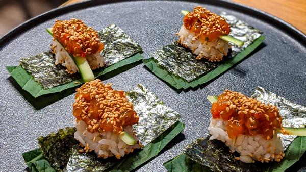 Saewoo Jang - chilli preserved king prawns, cucumber, seaweed, perilla, pearl-barley rice, sesame seeds