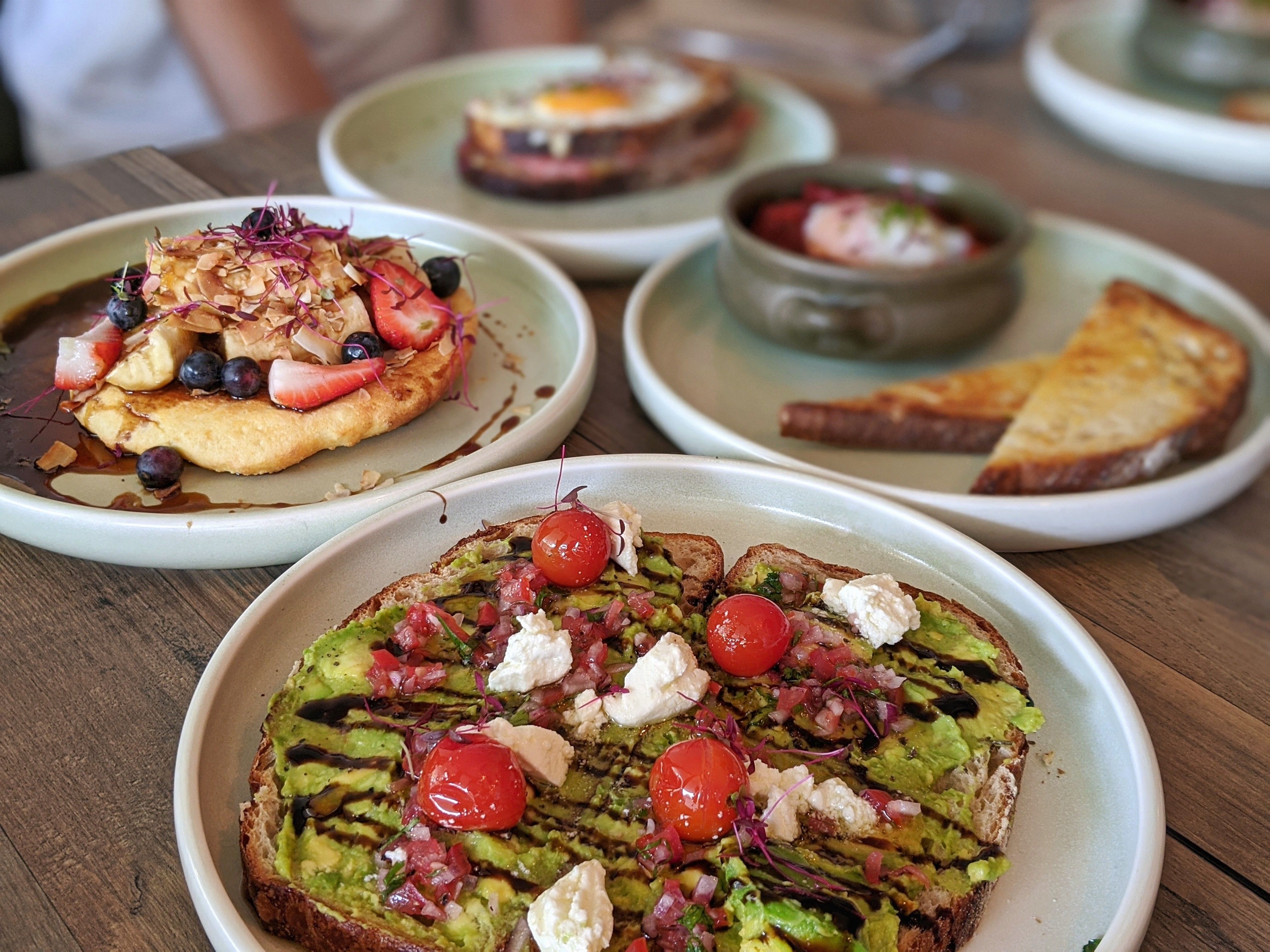 hotcakes, avo toast, eggs, shakshuka