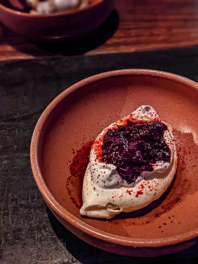 yoghurt sorbet with soft meringue and preserved cherry & rosemary