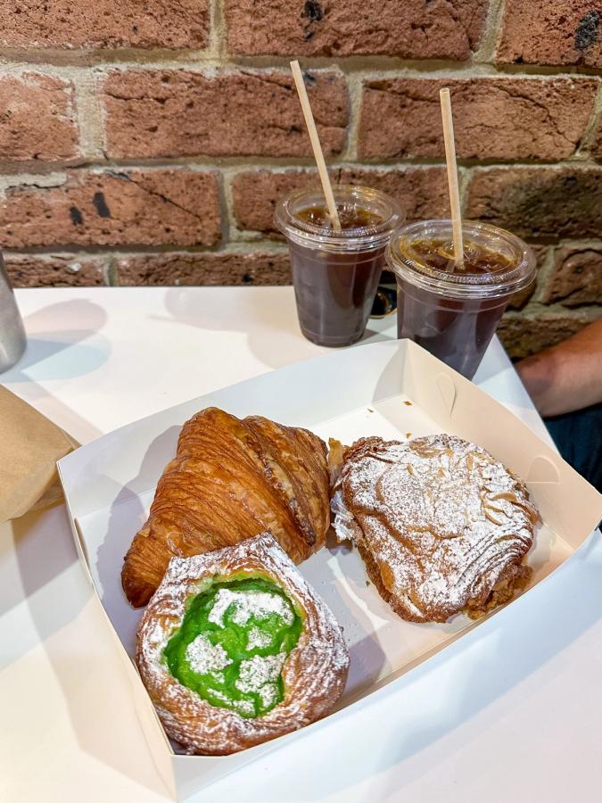 Pandan Croissant, Plain Croissant, Chocoalte & Almond Croissant and two cold brews