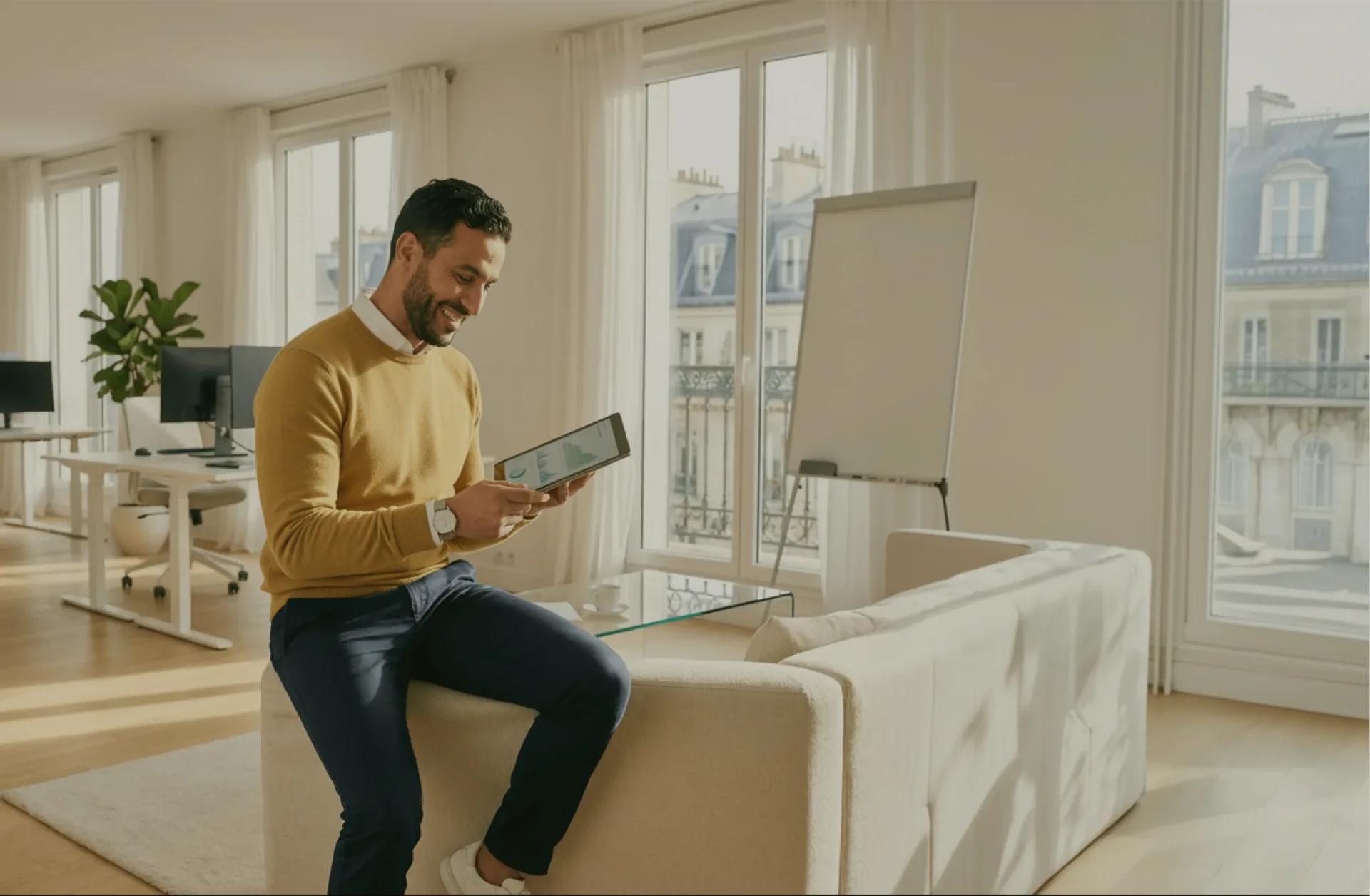 Dirigeant consultant des indicateurs financiers sur une tablette dans des bureaux lumineux