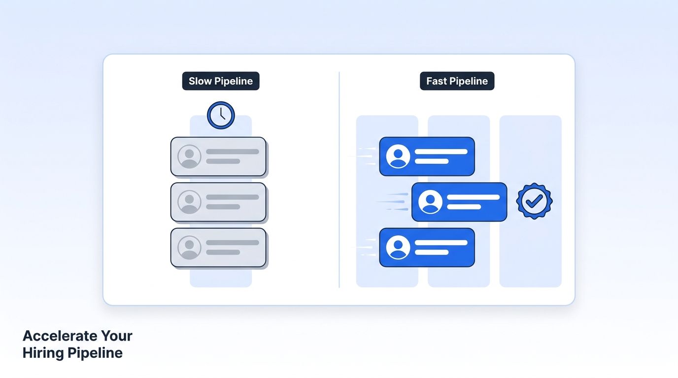 Split-screen dashboard illustration comparing a slow recruiting pipeline with stalled candidate cards against a fast pipeline with candidate cards moving quickly toward an offer stage