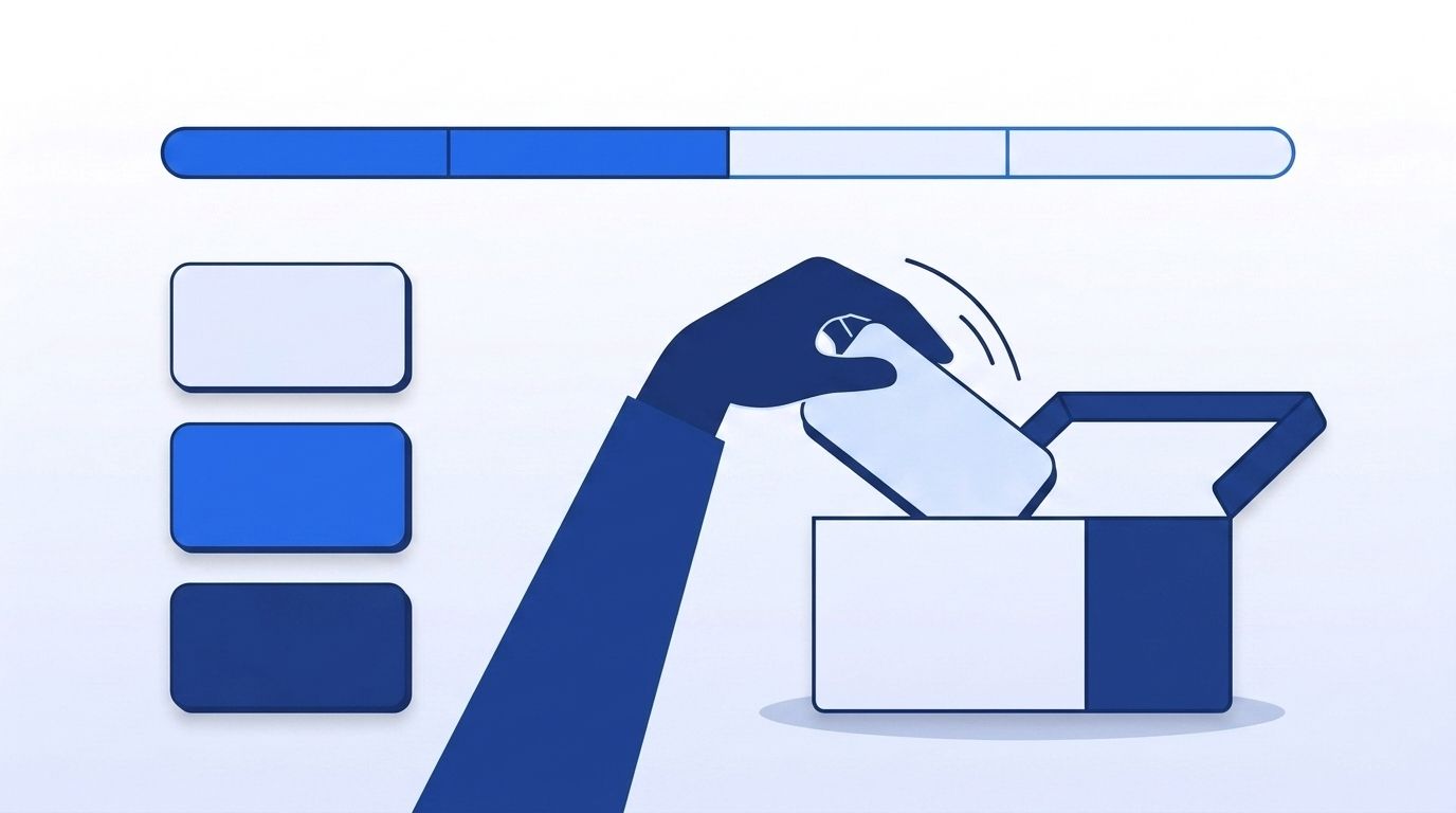 A hand moving an app card from an active tools column into an archive box, with a progress bar showing a staged two-to-four week sunset timeline