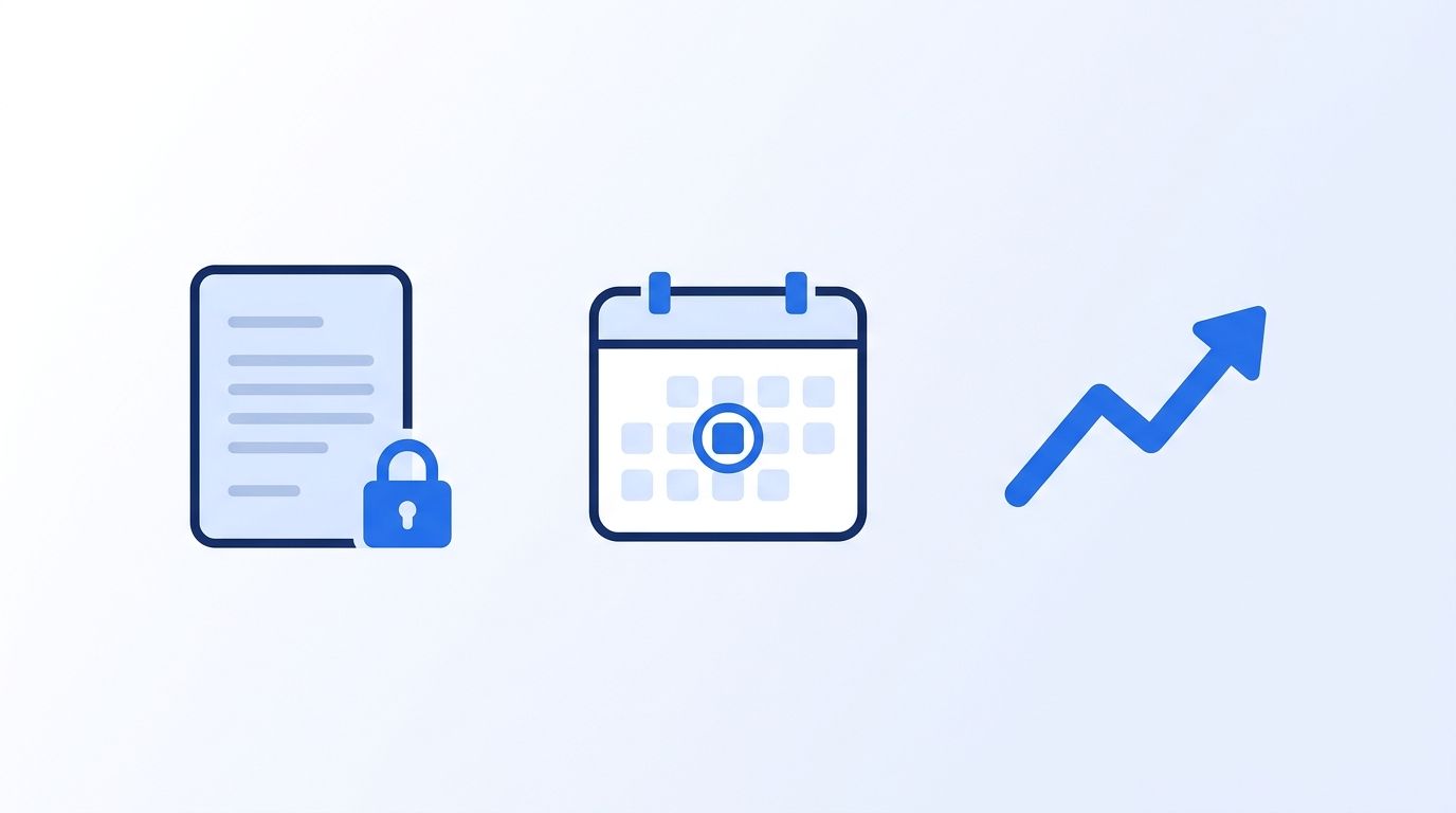 Contract document with a padlock, a calendar with a renewal date circled, and an upward price arrow illustrating managed contract lock-in