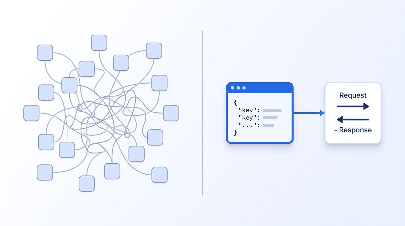 Split illustration showing a tangled no-code workflow automation on one side and a clean API request-response diagram on the other