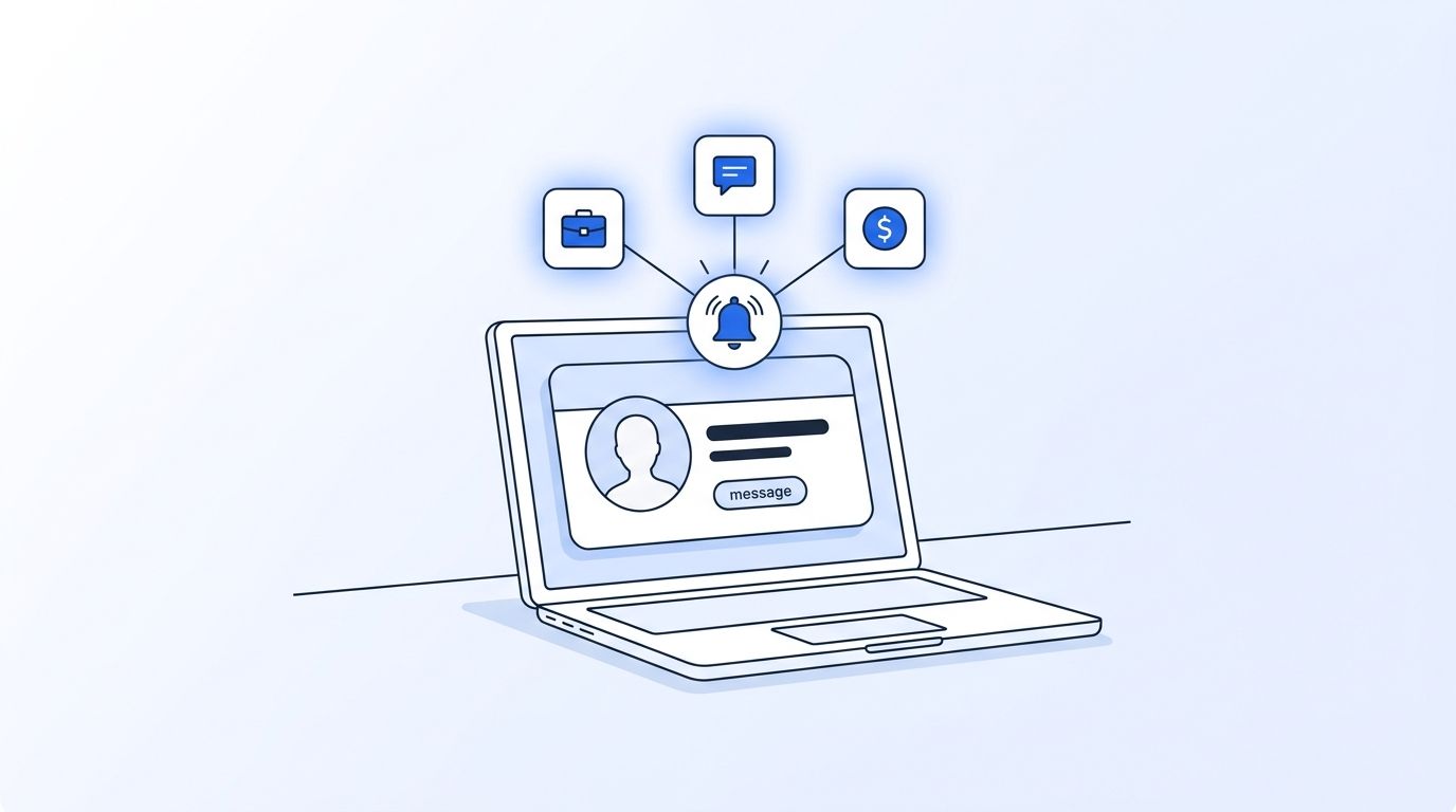Sales rep's laptop screen showing a LinkedIn-style profile card with a glowing signal notification for a job change, company post, and funding event