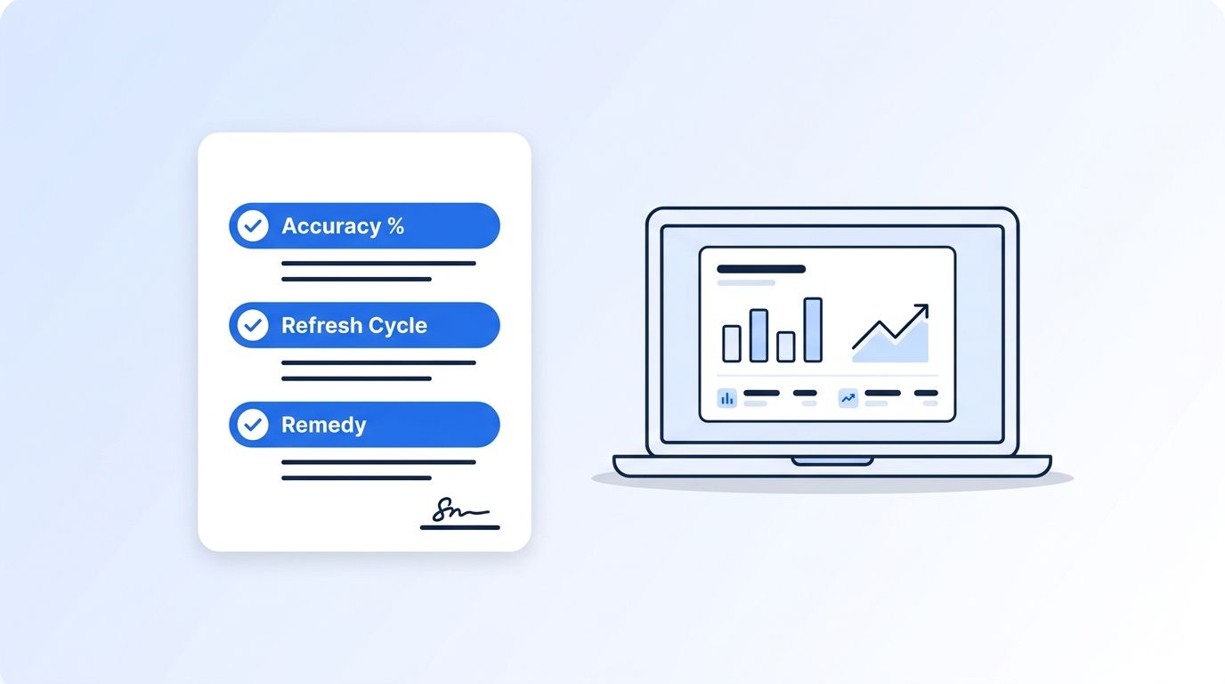 Signed data vendor contract with highlighted accuracy, refresh cycle, and remedy clauses beside a dashboard