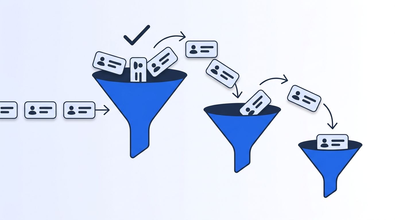 Flowchart illustration showing contact records cascading through three ranked enrichment vendors