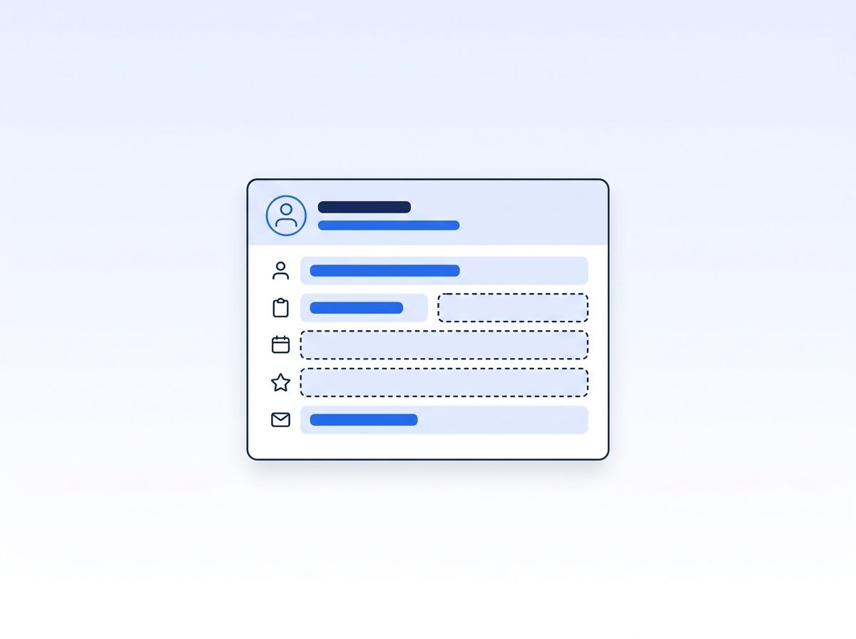 A profile card with several fields filled in blue and two fields shown as empty dashed placeholders, representing incomplete lead data