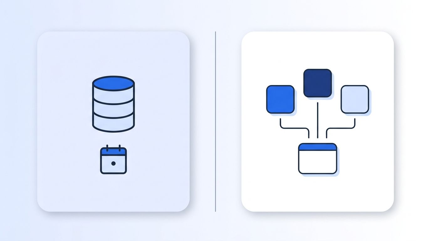 Side-by-side comparison of a standalone static dataset versus an orchestration layer routing across three connected providers