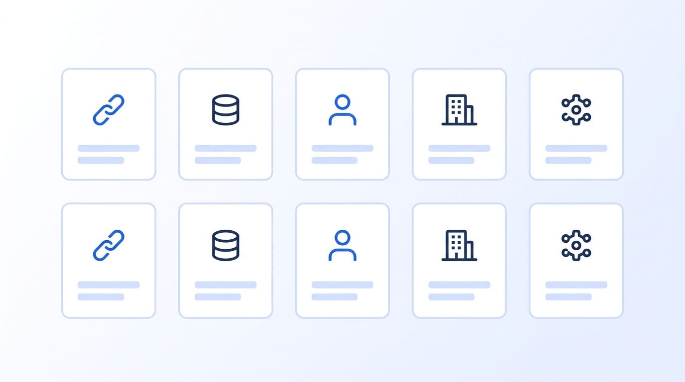 An illustration of ten labeled tool cards arranged in a grid, each showing a small icon representing its data model - API, database, or orchestration
