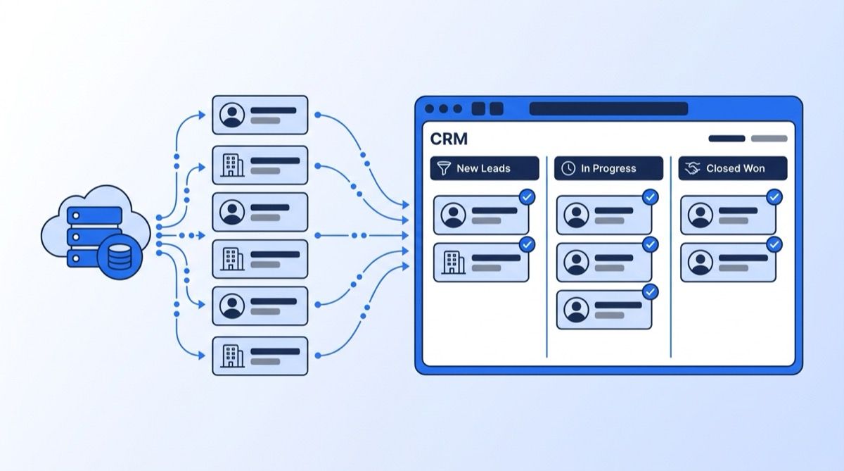 RevOps dashboard showing a data enrichment pipeline syncing verified records into a CRM